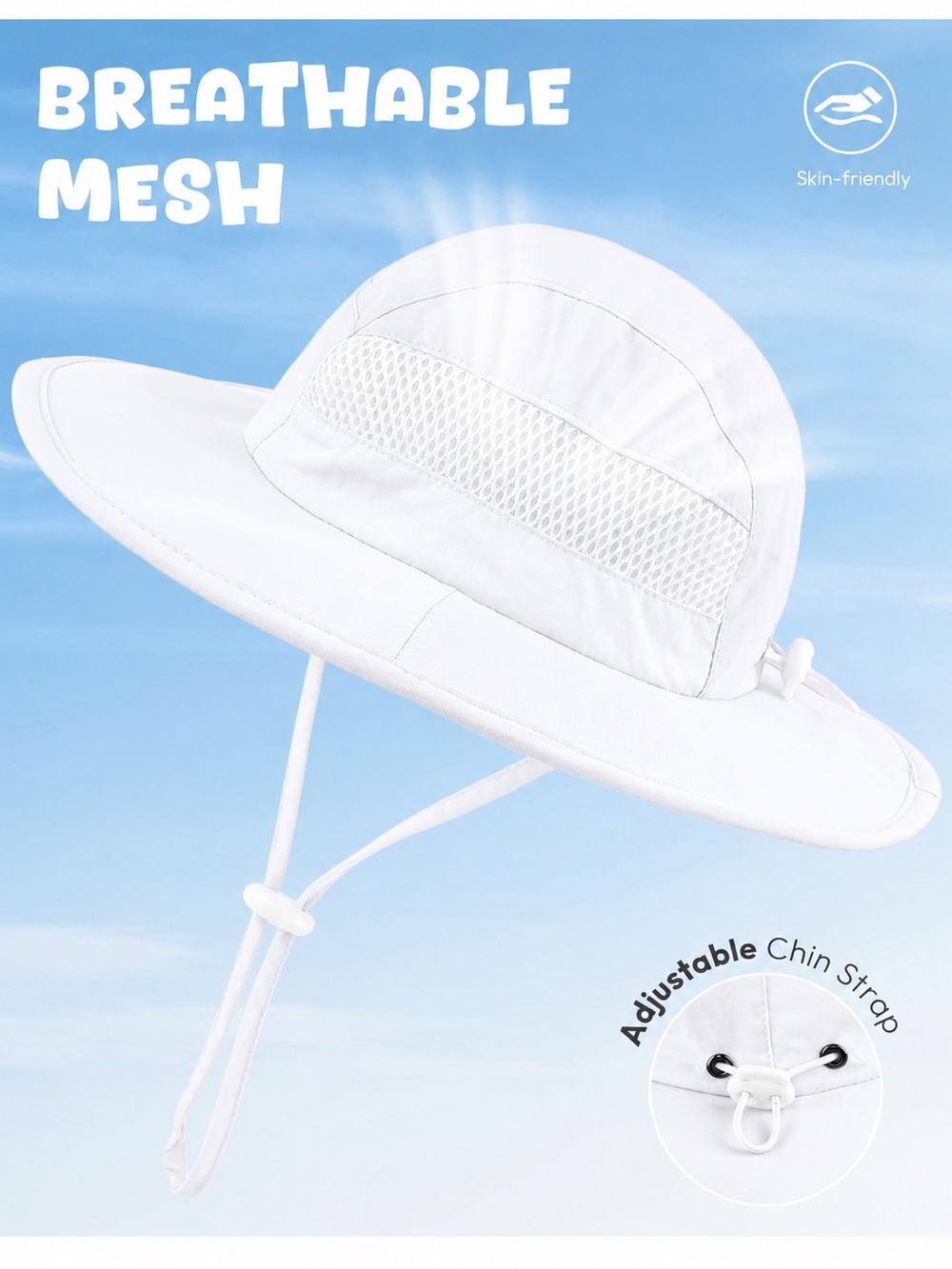 Kids Toddler Breathable Mesh Sun Bucket Hat with Adjustable Chin Strap - White